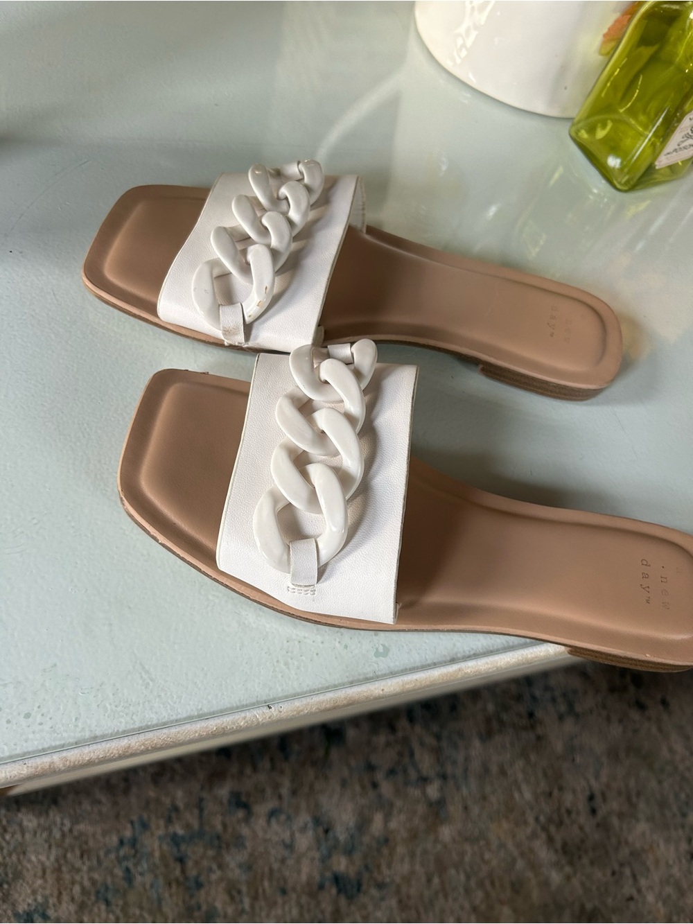 A NEW DAY White Slide Sandals with Chunky Chain Details, Small Flat Heels